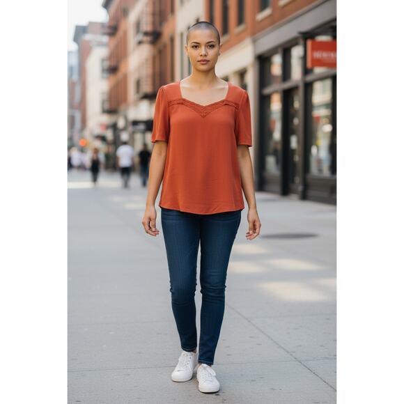 Mezzanine Rust Crochet Trim Blouse Short Sleeve Boho Top Size L - Picture 1 of 6